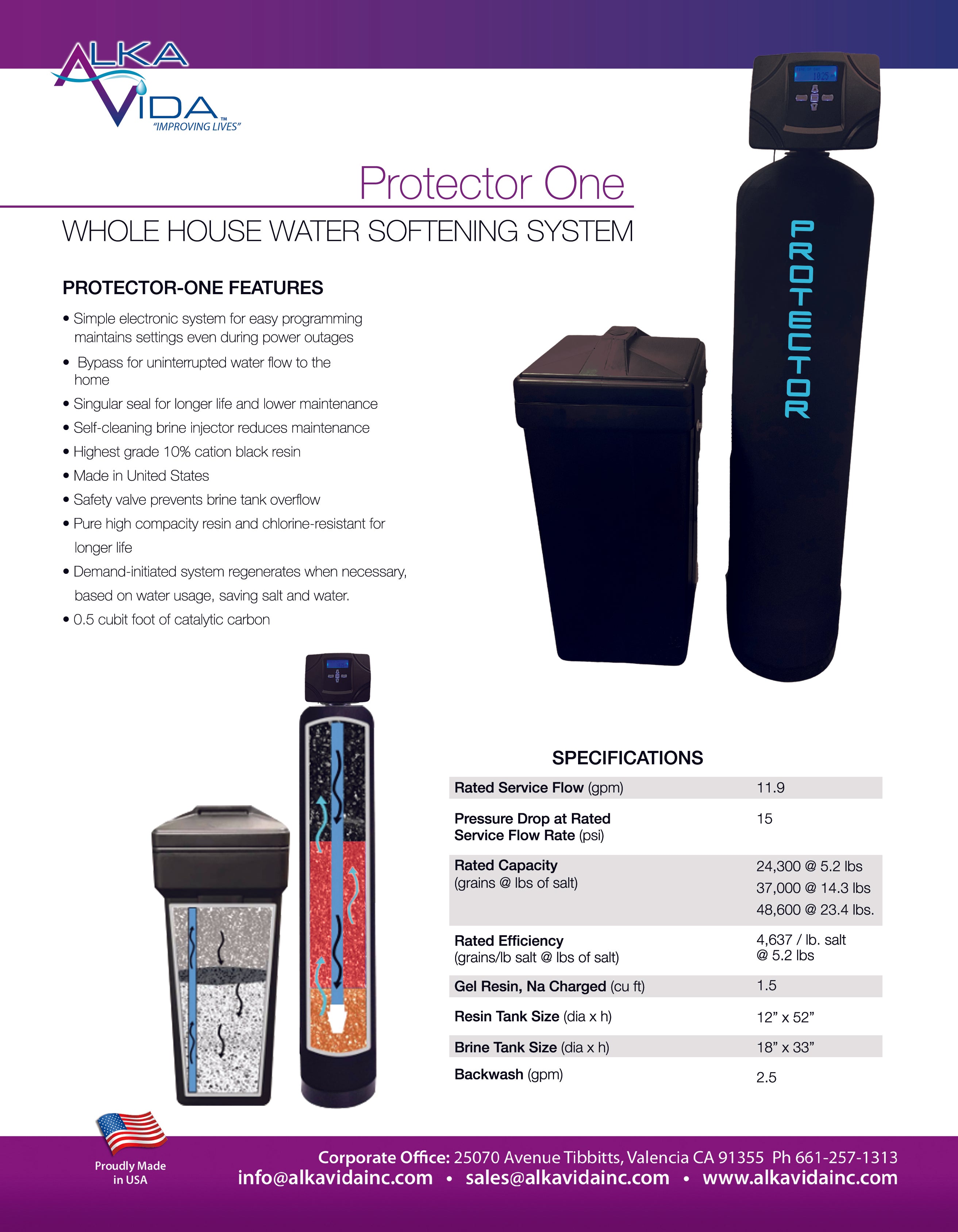 Protector One flyer: whole house water softening system features and specifications